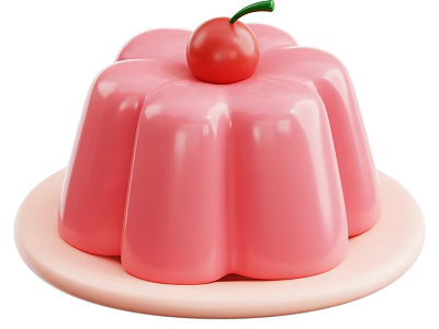 Pink Flower Shaped Jelly Dessert Topped With Red Cherry On Light Pink Plate 3d model