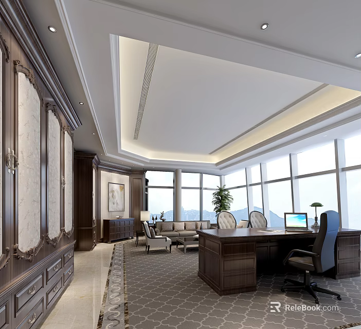 Elegant Executive Office Interior With Large Windows Wooden Desk Sofa Potted Plant And Decorative Elements 3d model 
