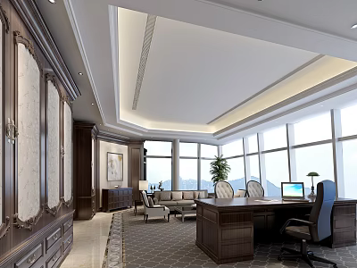 Elegant Executive Office Interior With Large Windows Wooden Desk Sofa Potted Plant And Decorative Elements 3d model