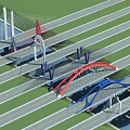 Modern Multiple Bridges With Red Blue Arch Designs Roadways And Water Elements 3d model