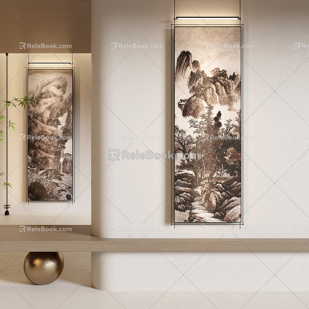 New Chinese Style Decorative Painting Hanging Painting Long Strip Hanging Painting Landscape Hanging Painting 3d model