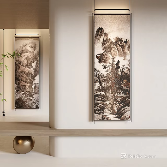Traditional Chinese Landscape Painting with Mountain Stream and Tree Elements Hanging on Interior Wall Decor 3d model 