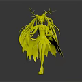 Fantasy Character with Green Hair Red Antlers and Orange Flame Cape in Black Outfit