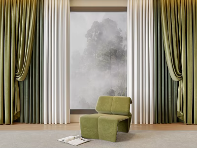 Green And White Curtains In Modern Interior With Scenic Window And Accent Chair 3d model