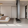 Modern Bedroom Interior Design With Stylish Headboard Warm Lighting Soft Rug And Striped Wall Decor
