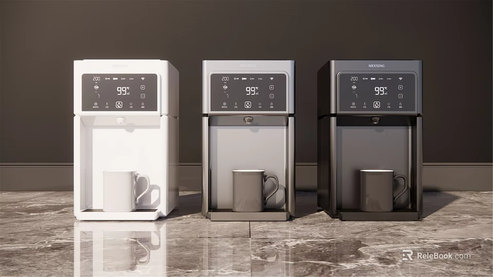 Modern Water Dispensers With Digital Temperature Display And Mugs In Front White Gray Black 3d model 