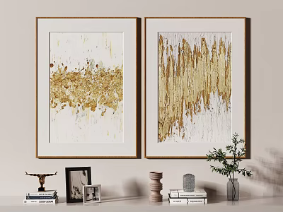 Modern Abstract Paintings With Gold Brush Strokes Framed Wall Art For Home Decor 3d model