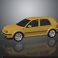 Golden Hatchback Car With Black Stripes And Silver Rims On Reflective Surface