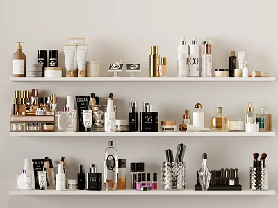 Perfume and Cosmetics Display with Various Colors Shapes Bottles and Makeup Tools on Shelves 3d model