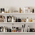 Perfume and Cosmetics Display with Various Colors Shapes Bottles and Makeup Tools on Shelves