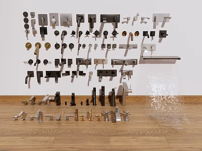 Various Faucets In Different Materials Displayed On Wall With Water Flow Effect 3d model