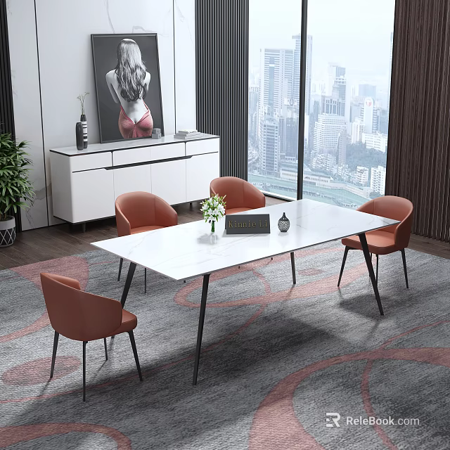 Modern Dining Table Set With White Tabletop Orange Chairs And City View 3d model