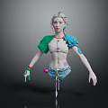Game and Movie Character With Pinkish Hair Green Blue Top And Colorful Waist Decorations