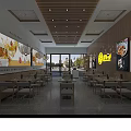 Modern Bright Restaurant Interior With Wooden Decor Dining Tables And Wall Food Posters