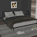 Modern Dark-Toned Background Double Bed Interior With Wooden Walls Framed Painting And Cozy Bedding