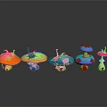 Colorful Mushroom Plants Arranged In A Row With Various Colors And Shiny Reflections