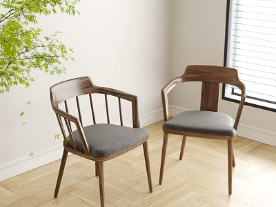 Modern Wooden Frame Leisure Chairs With Gray Cushion Indoor Green Plant And Window 3d model