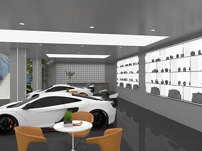Car Dealership Interior With Luxury Sports Cars Display Wall And Lounge Area 3d model