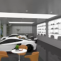 Car Dealership Interior With Luxury Sports Cars Display Wall And Lounge Area