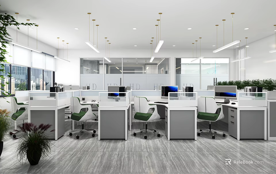 Spacious Modern Public Office Space With Open Workstations Green Chairs And Large Windows 3d model
