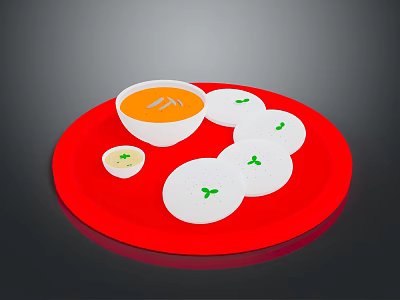 Appetizing Orange Soup With White Steamed Rice Cakes And Green Garnish On Red Plate 3d model