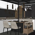 Modern Hotpot Restaurant Featuring Black Frame Glass Partitions Cherry Blossom Decorations Tables Chairs Warm Lighting