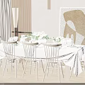 Elegant Dining Table Set With White Tablecloth Floral Centerpiece Tableware Chairs And Abstract Wall Art