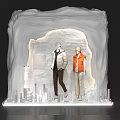 Stylish Window Display With White Orange Coats Mannequins And City Skyline Silhouettes