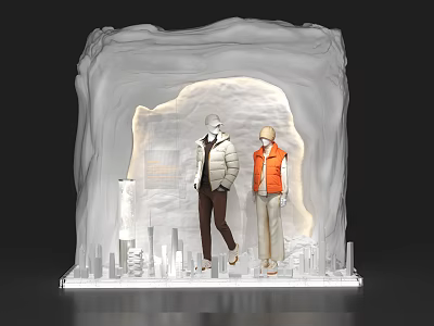 Stylish Window Display With White Orange Coats Mannequins And City Skyline Silhouettes 3d model
