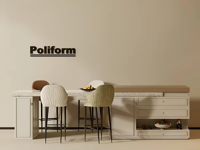Modern Poliform Bar Counter With Beige Wall Two Chairs Fruit On Countertop And Drawers 3d model