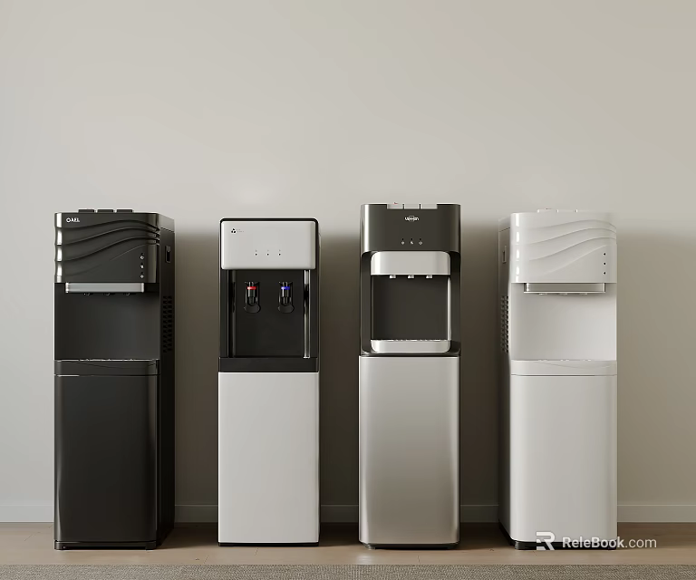 Modern Water Dispensers Placed Side by Side Against Wall in Black White and Silver Colors 3d model 
