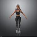 Child Standing On Gray Background With White Hair Black Sports Vest Leggings And White Sneakers