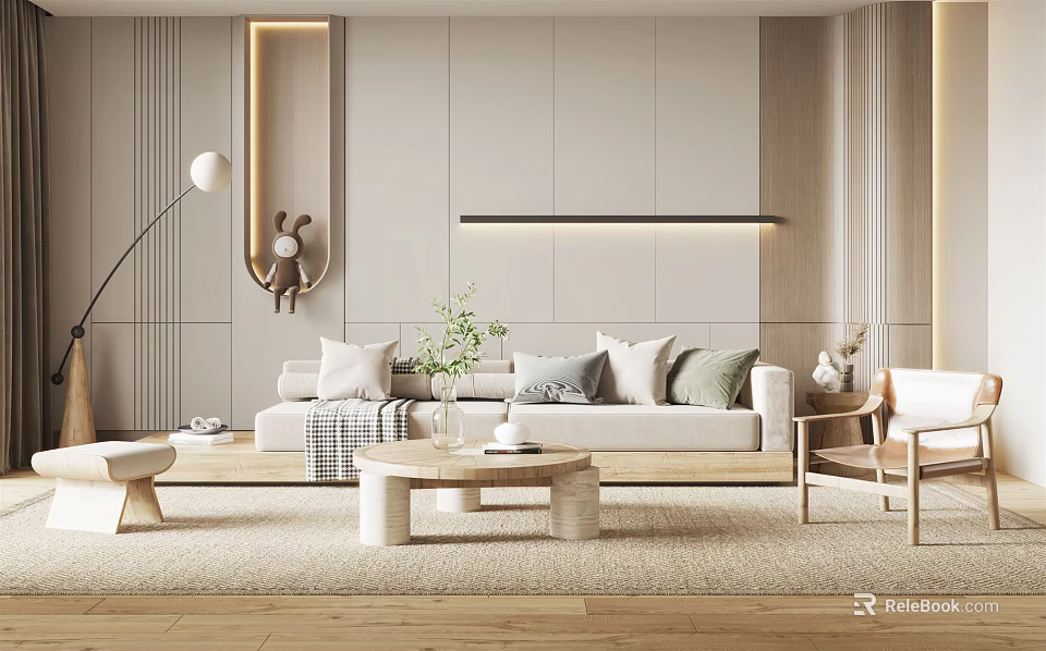 Modern Minimalist Living Room Sofa And Coffee Table Set With Pillows Carpet And Floor Lamp 3d model 