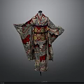 Traditional Kimono Garment With Red Black Patterns And Decorative Obi Belt