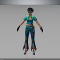 3D Female Character In Blue Outfit With Yellow Patterns Red Decorations And Black Gloves