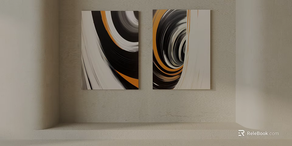 Two Piece Modern Abstract Wall Art With Black White Orange Swirl Patterns 3d model