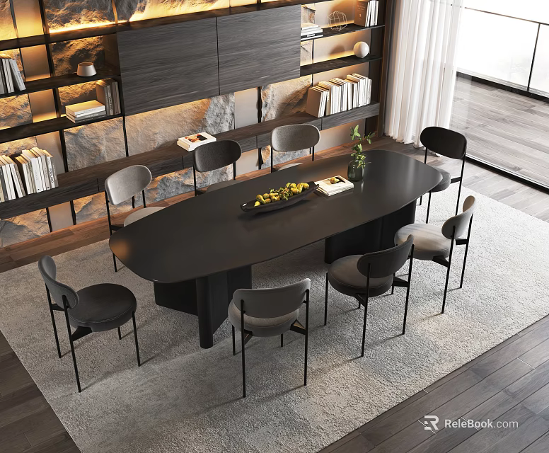 Modern Dining Table Set Featuring Black Oval Table Gray Chairs Green Plant And Bookshelves 3d model 