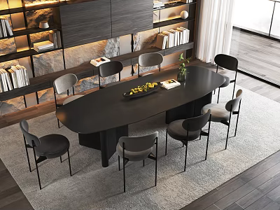 Modern Dining Table Set Featuring Black Oval Table Gray Chairs Green Plant And Bookshelves 3d model