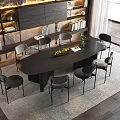 Modern Dining Table Set Featuring Black Oval Table Gray Chairs Green Plant And Bookshelves