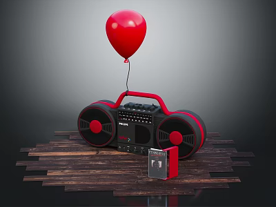 Red Balloon Attached to Retro Boombox With Red Cassette on Wooden Planks 3d model
