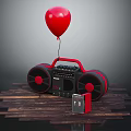 Red Balloon Attached to Retro Boombox With Red Cassette on Wooden Planks