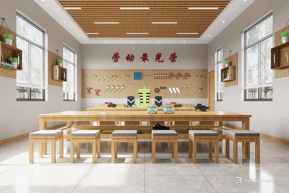 School Labor Education Classroom Featuring Tools Display Wooden Tables And Craft Activities 3d model 