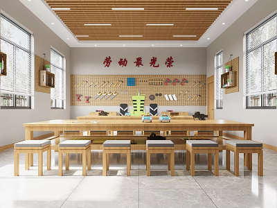 School Labor Education Classroom Featuring Tools Display Wooden Tables And Craft Activities 3d model