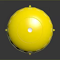 Yellow Flying Saucer Shaped Object With Pink Circular Windows And Thin Legs On Black Background