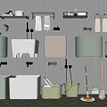 Bathroom Cleaning Tools And Accessories With Colored Basins Mops And Storage Racks 3d model