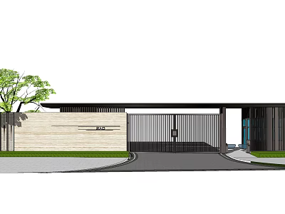 Modern Metal Entrance Gate With Grille Design Stone Wall Green Plants And Driveway 3d model