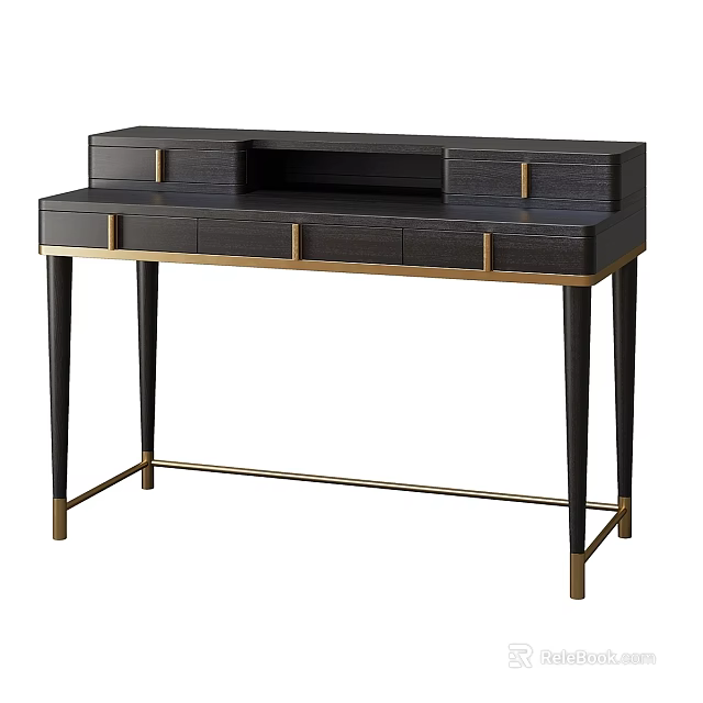 Black Modern Desk With Gold Accents Sleek Legs And Functional Drawers 3d model 