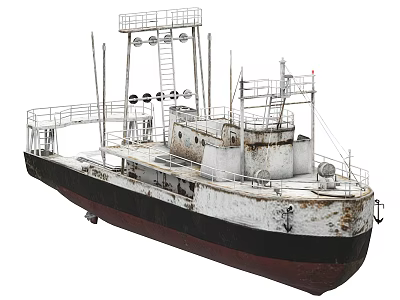 Vintage Ship With White And Dark Brown Hull Deck Railings Watch Tower And Masts 3d model