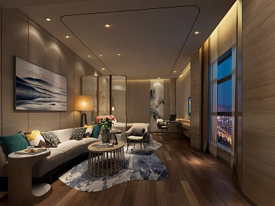 Modern Hotel Room Interior With Sofa Coffee Table Decorative Painting And City View 3d model