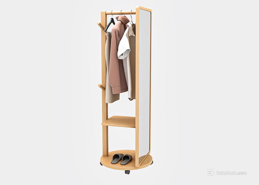 Modern Wooden Wardrobe With Minimalist Design Mirror Hanging Rod And Shoe Shelf 3d model 